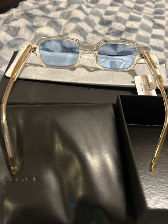 Carolina Lemke Gold tint Frame Rectangular Sunglasses with Light Blue Lenses
